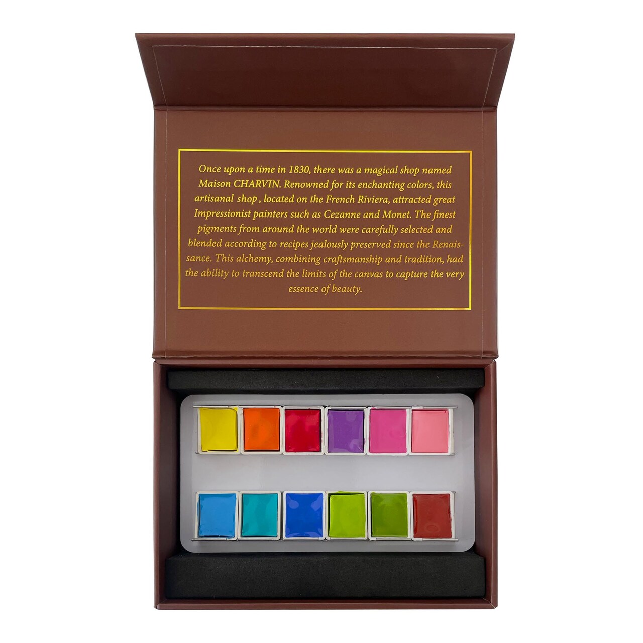 Charvin Extra-Fine Watercolor Pan Set, Intense - Handmade Box Set of 12 Half-Pans - Professional Watercolor Paint Set, Made in France, Smooth Shellac-Like Finish, Glossy & Highly Transparent Pigment